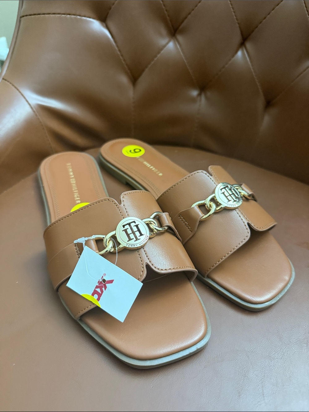 Tommy Hilfiger Tan Leather Slide Mules with Gold-Tone Logo Chain
